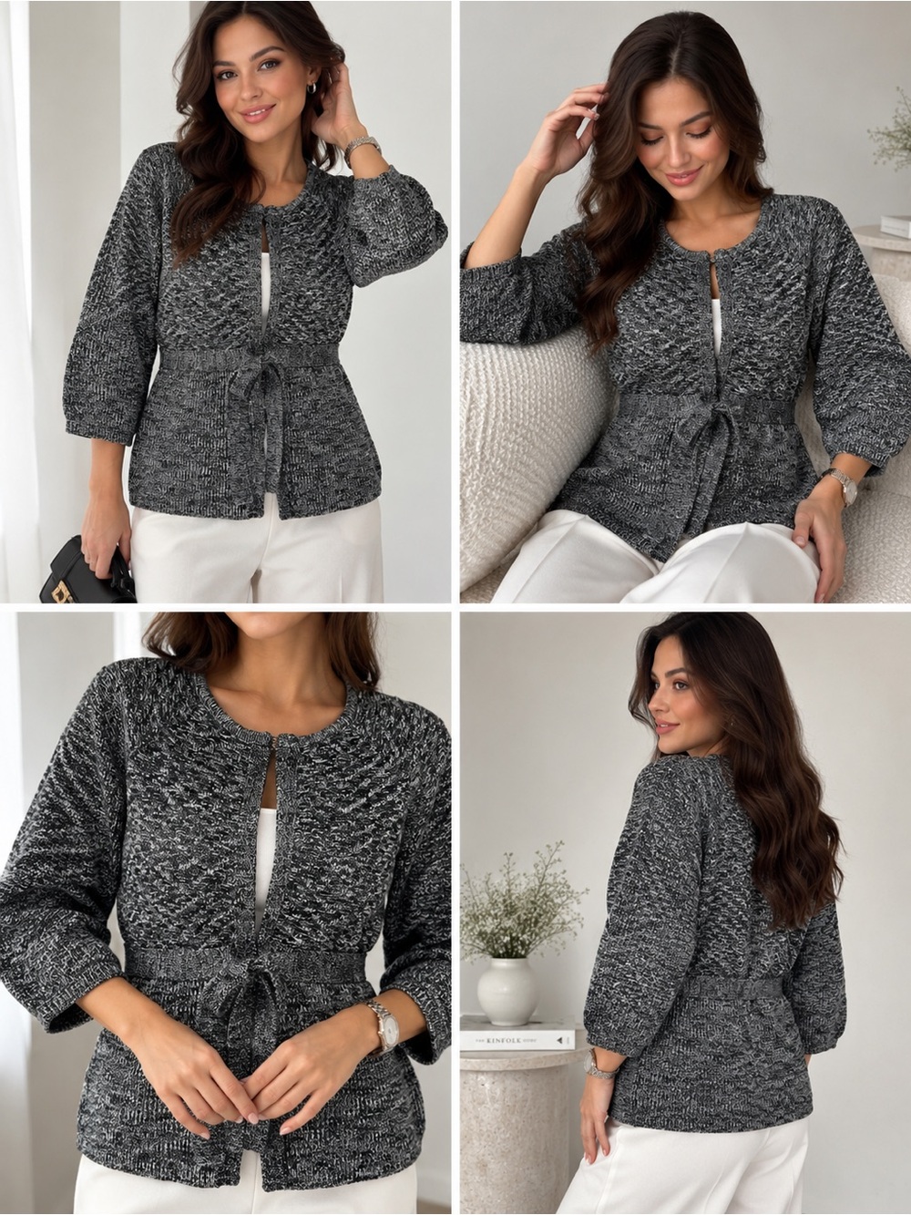 Calvin Klein Women’s Black Gray Marled Knit Tie Waist Cardigan Sweater size M/L
